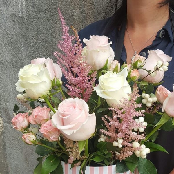 White and Pink Roses in paper box