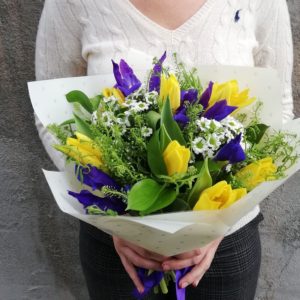 Yellow Tulips and blue Iris bouquet